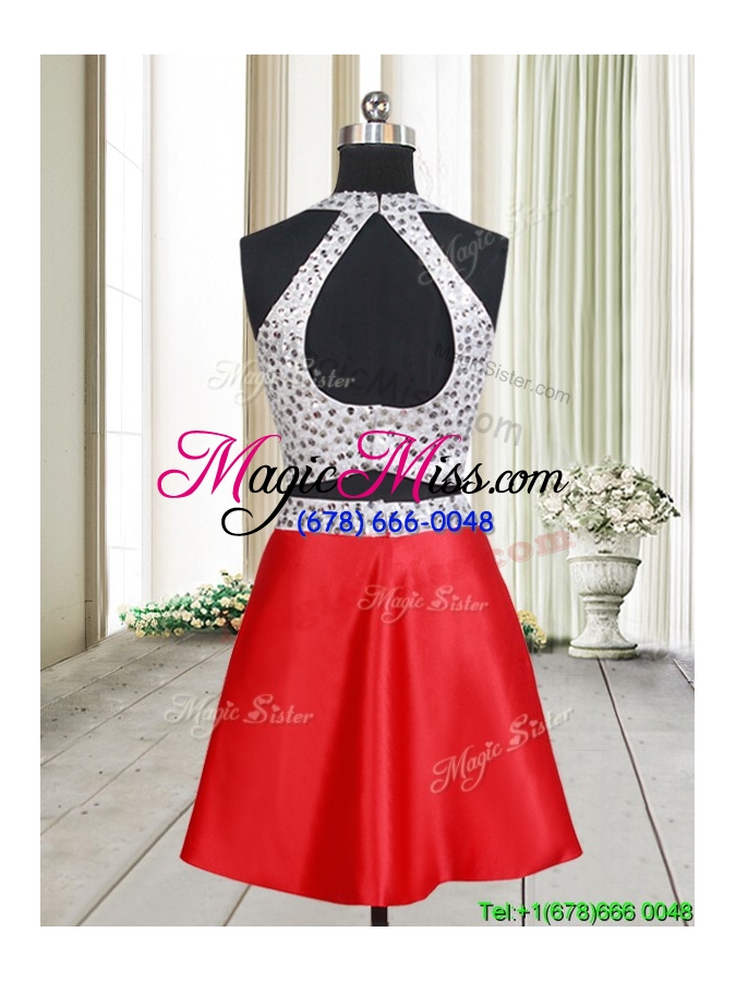 wholesale discount two piece halter top red and white short prom dress with beaded bodice