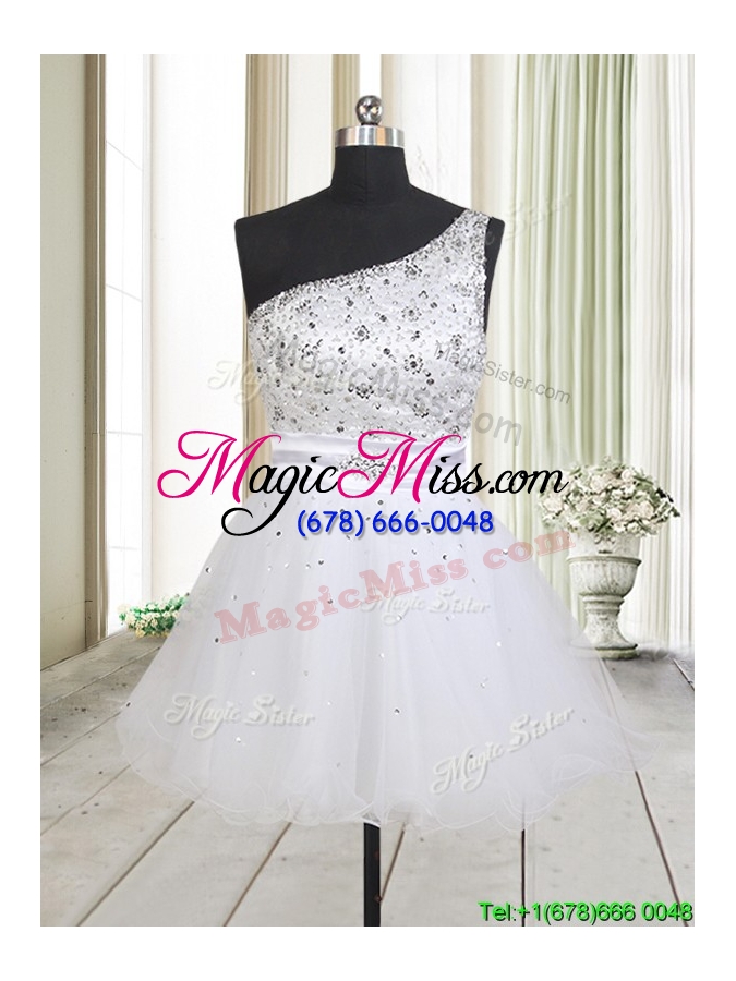 wholesale fashionable one shoulder beaded bodice zipper up white prom dress in tulle