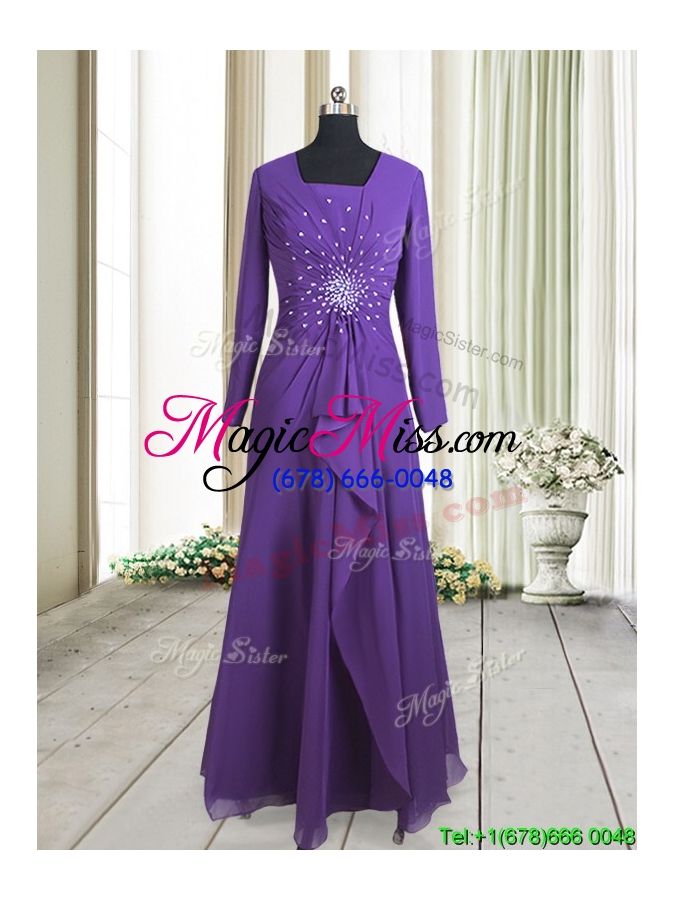 wholesale elegant square long sleeves beaded zipper up purple prom dress in floor length