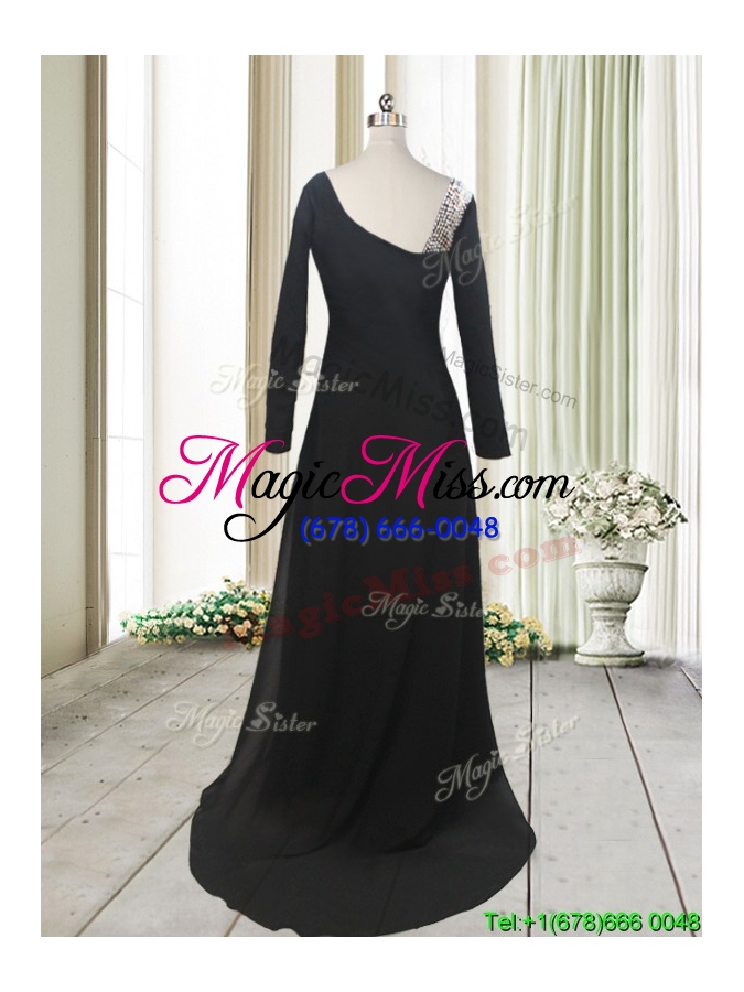 wholesale fashionable asymmetrical neck brush train black prom dress with long sleeves