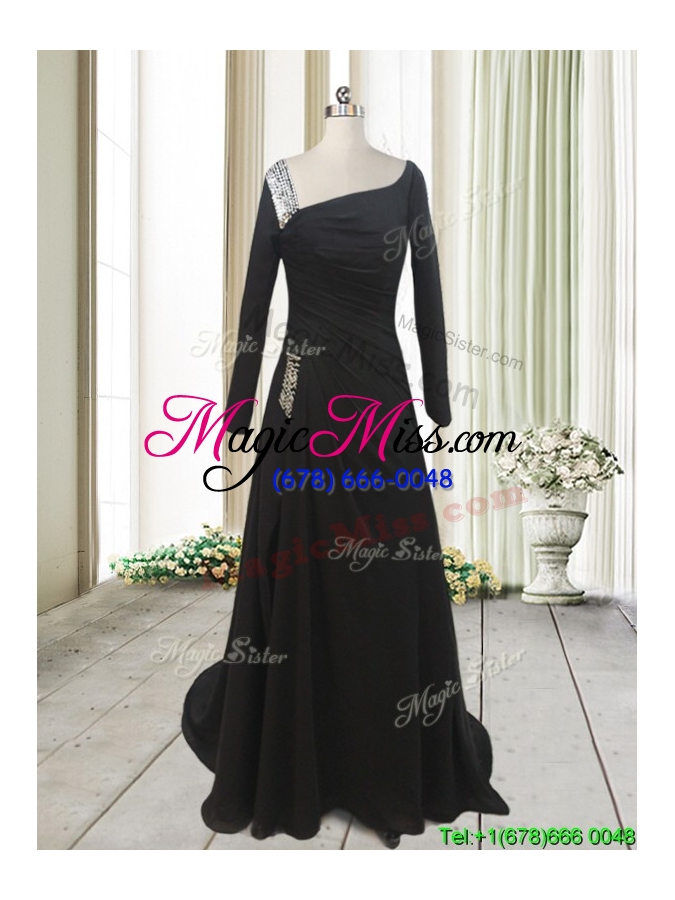 wholesale fashionable asymmetrical neck brush train black prom dress with long sleeves