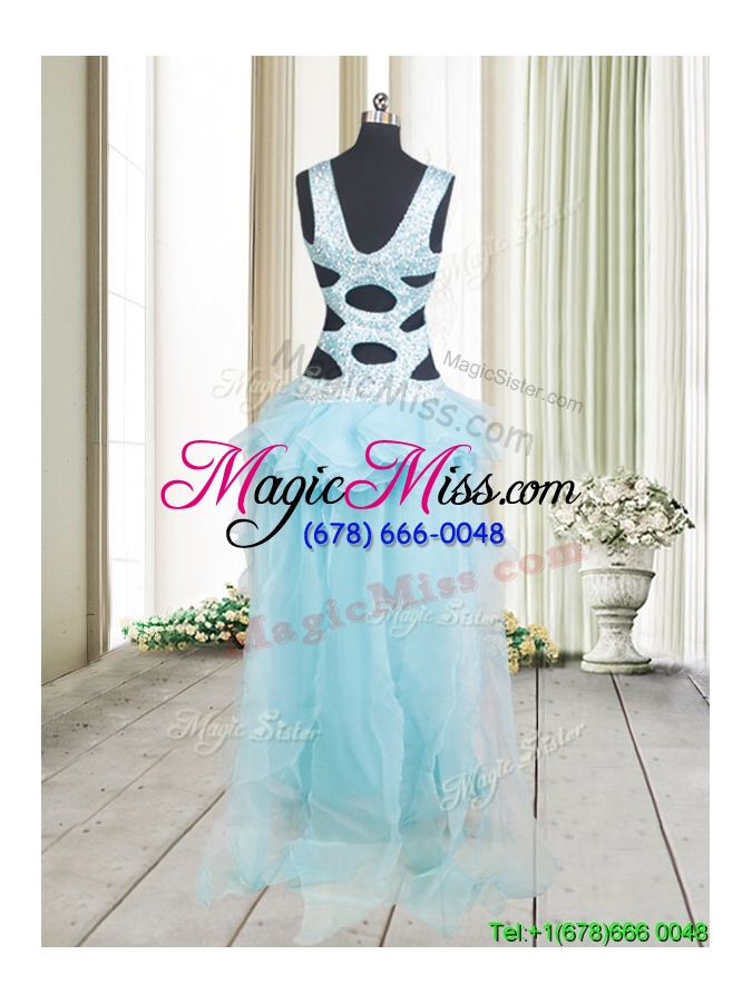wholesale popular beaded and ruffled layers high low aquamarine prom dress with criss cross