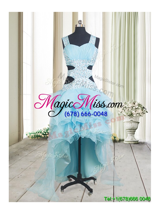wholesale popular beaded and ruffled layers high low aquamarine prom dress with criss cross
