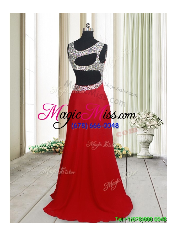 wholesale affordable beaded decorated scoop elastic woven satin prom dress with high slit