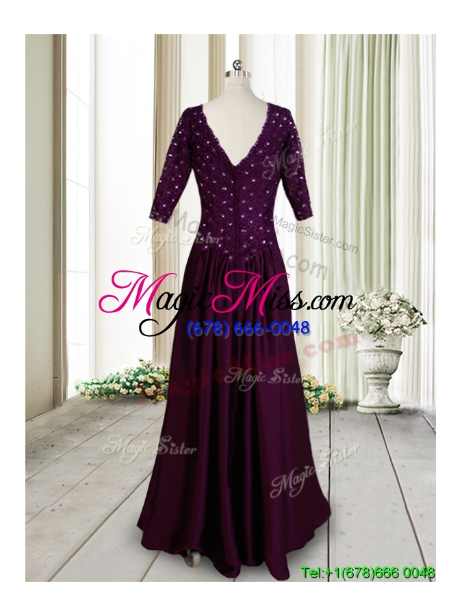 wholesale classical v neck beaded and laced dark purple prom dress with half sleeves