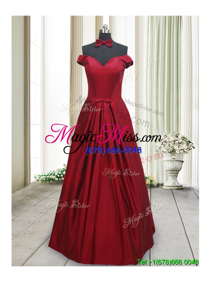 wholesale elegant bowknot off the shoulder wine red long prom dress in taffeta