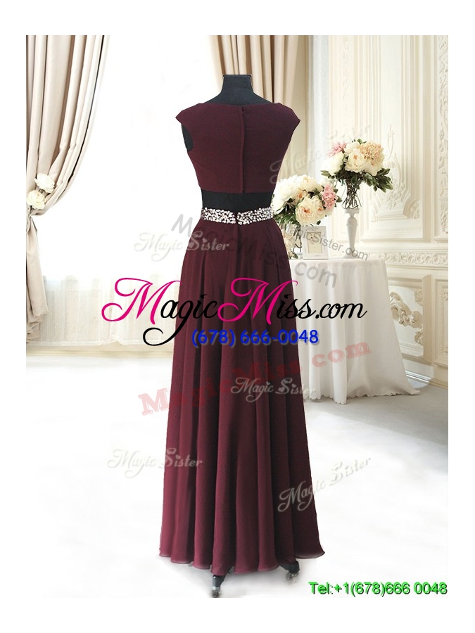 wholesale discount two piece cap sleeves burgundy prom dress with beaded decorated waist