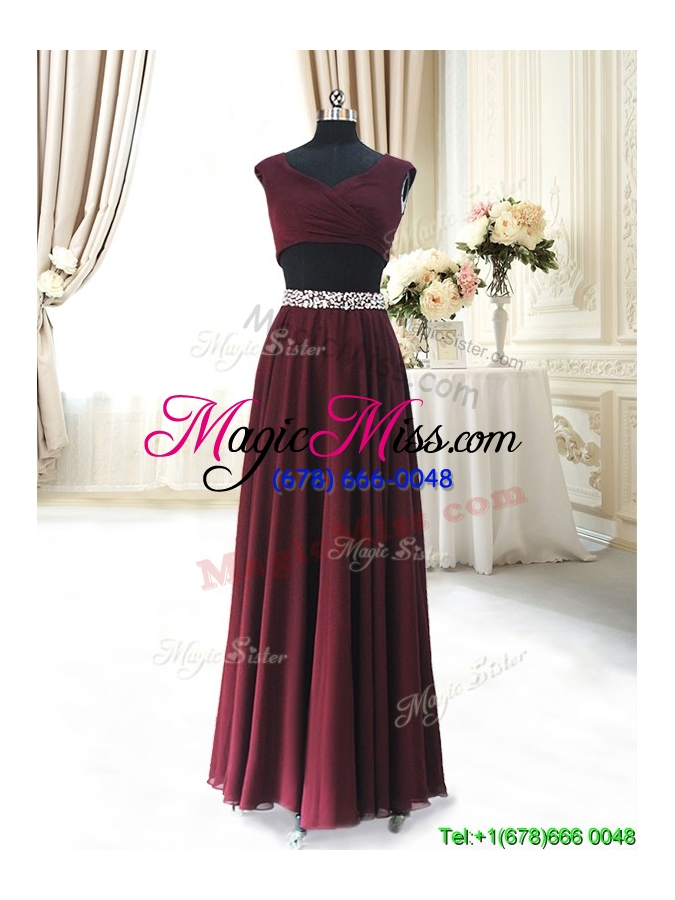 wholesale discount two piece cap sleeves burgundy prom dress with beaded decorated waist