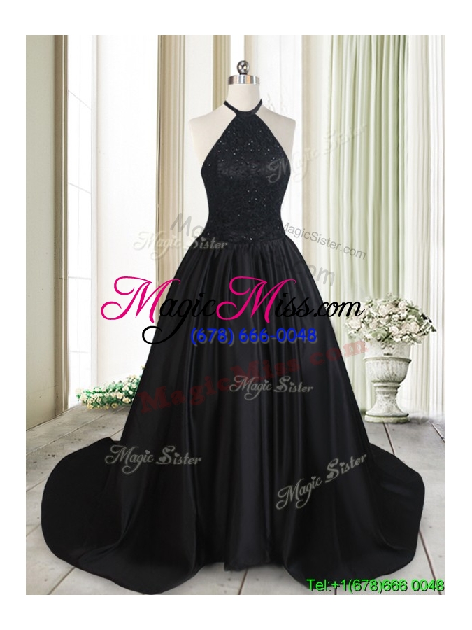wholesale pretty halter top taffeta laced and beaded black prom dress with brush train