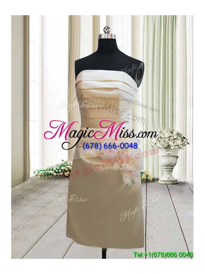 wholesale cheap strapless ruched and handcrafted flowers short prom dress in champagne