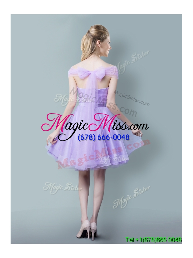 wholesale low price lavender short bridesmaid dress with off the shoulder