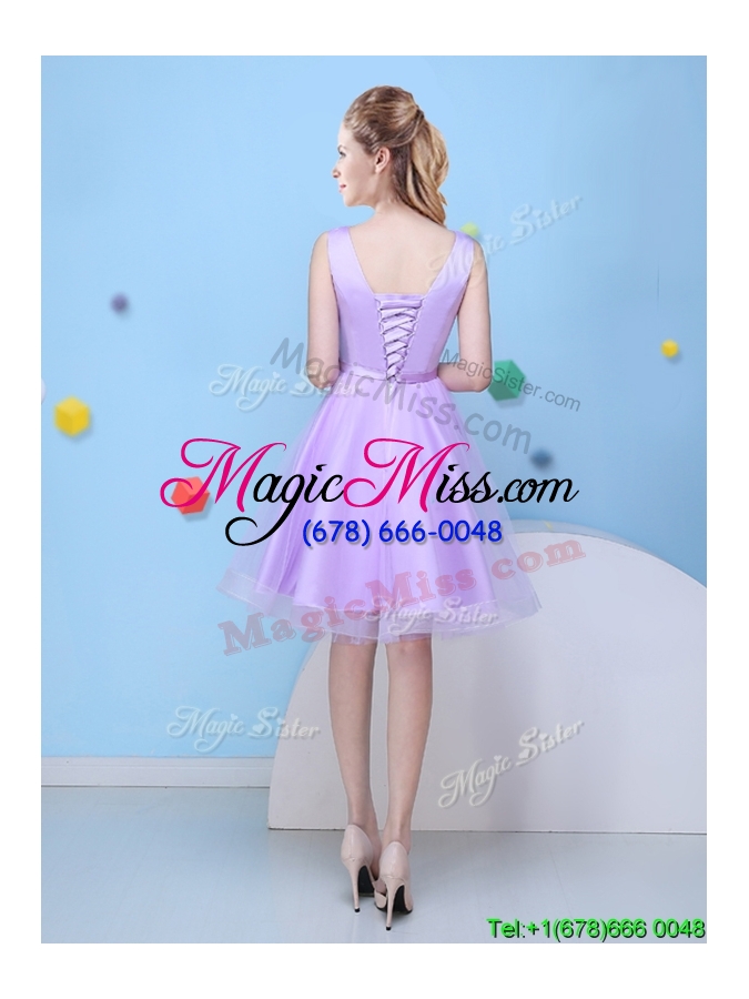 wholesale fashionable scoop lavender short bridesmaid dress with bowknot