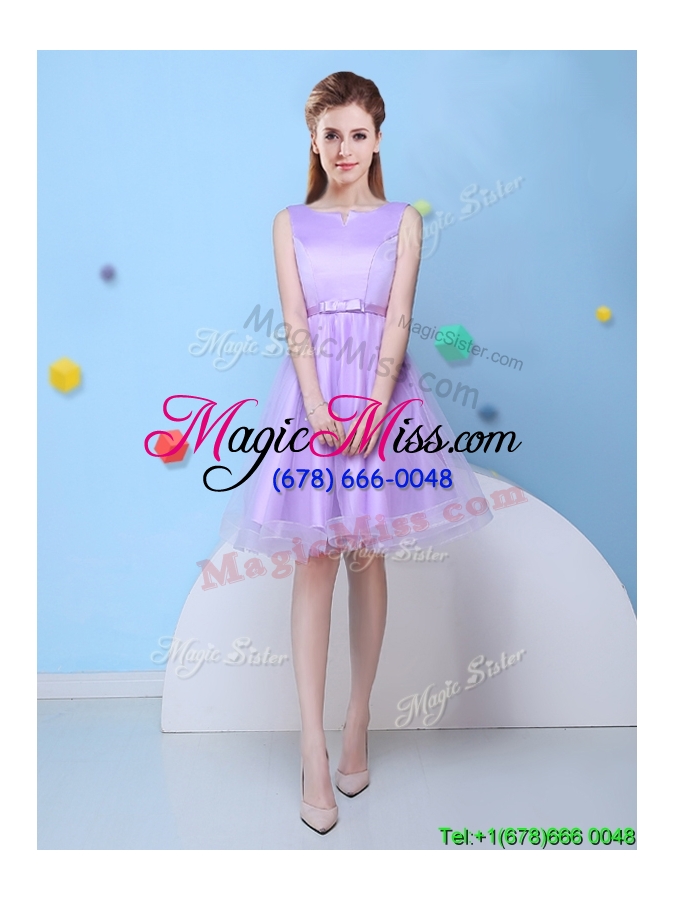 wholesale fashionable scoop lavender short bridesmaid dress with bowknot