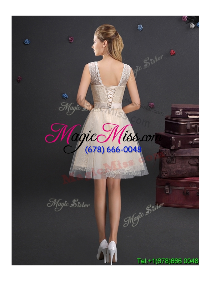 wholesale hot sale scoop laced and applique champagne bridesmaid dress