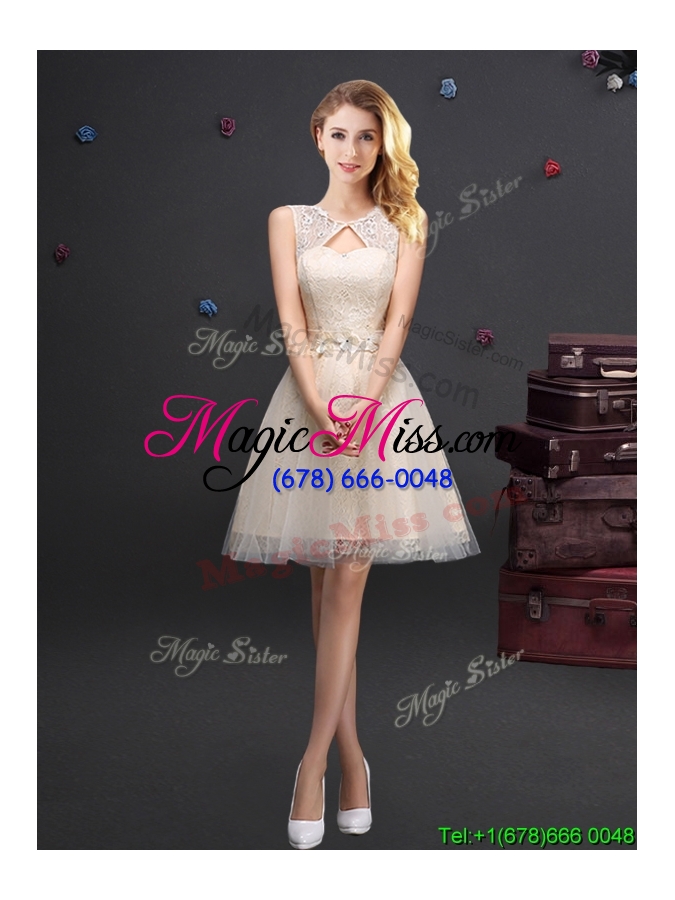 wholesale hot sale scoop laced and applique champagne bridesmaid dress