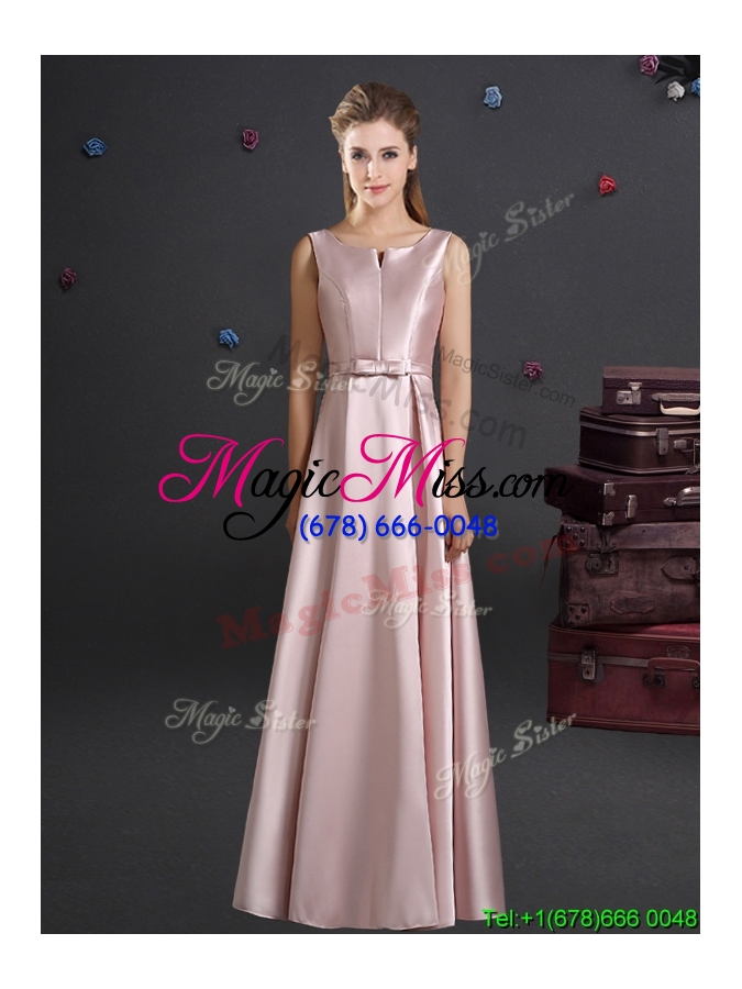 wholesale hot sale empire bowknot long bridesmaid dress in elastic woven satin