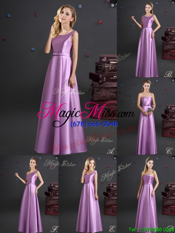 wholesale popular off the shoulder elastic woven satin lilac bridesmaid dress