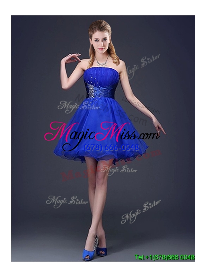 wholesale romantic strapless beaded organza short prom dress in royal blue