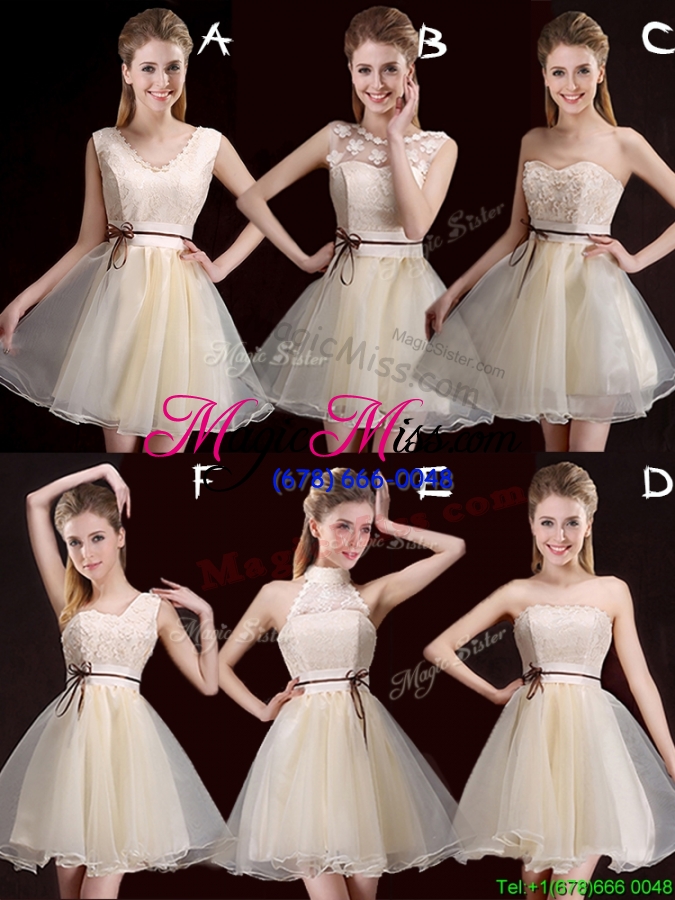wholesale pretty v neck belted and applique short prom dress in organza