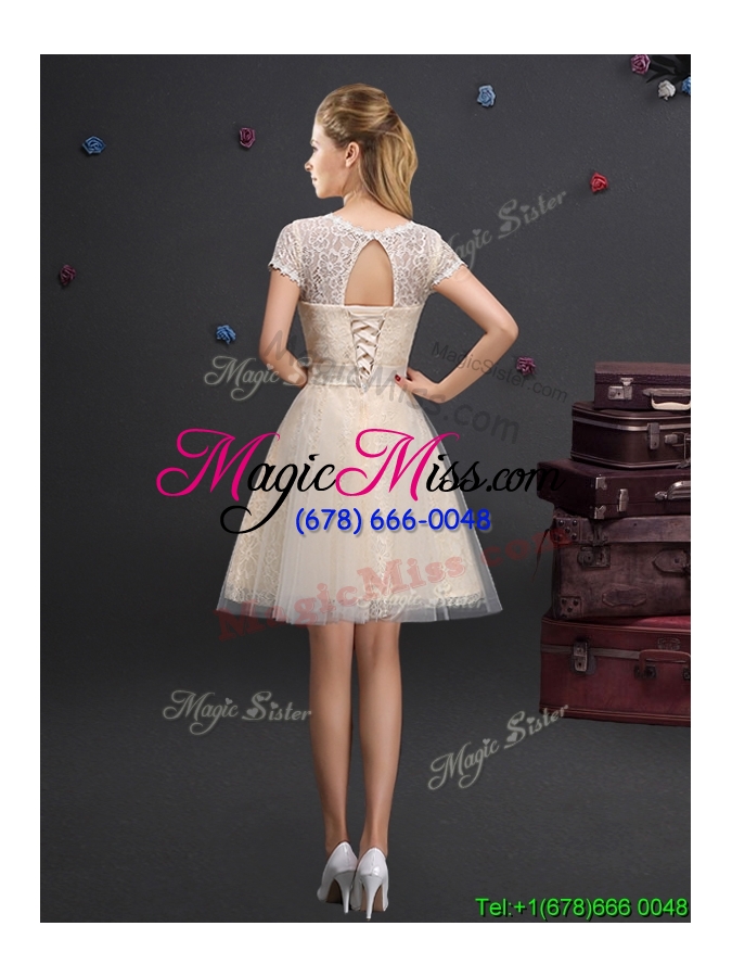 wholesale beautiful see through short sleeves champagne prom dress with scoop