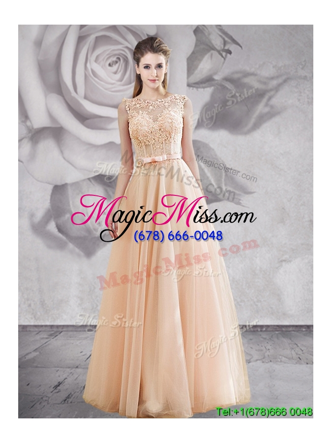 wholesale lovely see through champagne prom dress with appliques and bowknot