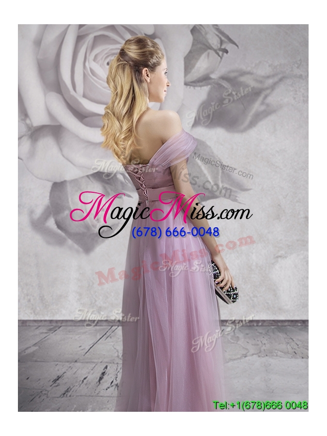 wholesale exclusive off the shoulder lavender prom dress with belt and ruching