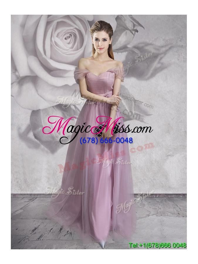 wholesale exclusive off the shoulder lavender prom dress with belt and ruching