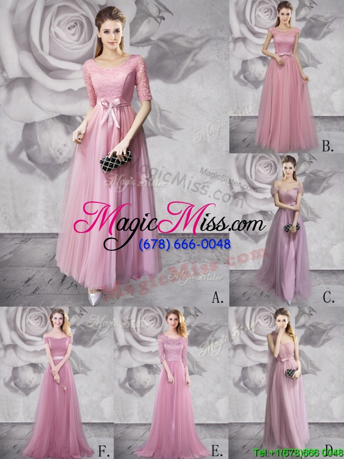 wholesale latest half sleeves laced pink prom dress with brush train