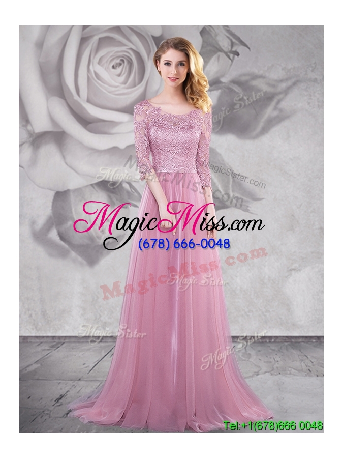wholesale latest half sleeves laced pink prom dress with brush train