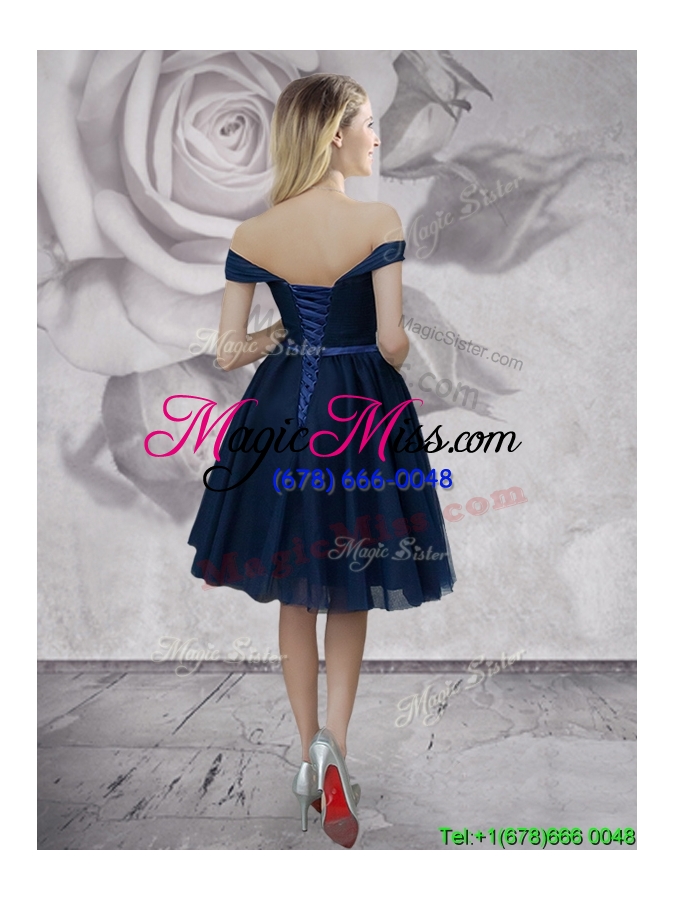 wholesale new style off the shoulder navy blue prom dress in knee length