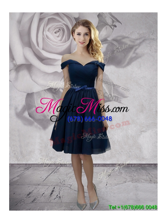 wholesale new style off the shoulder navy blue prom dress in knee length