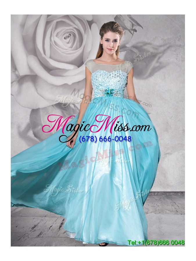 wholesale see through bateau aquamarine prom dress with appliques and beading