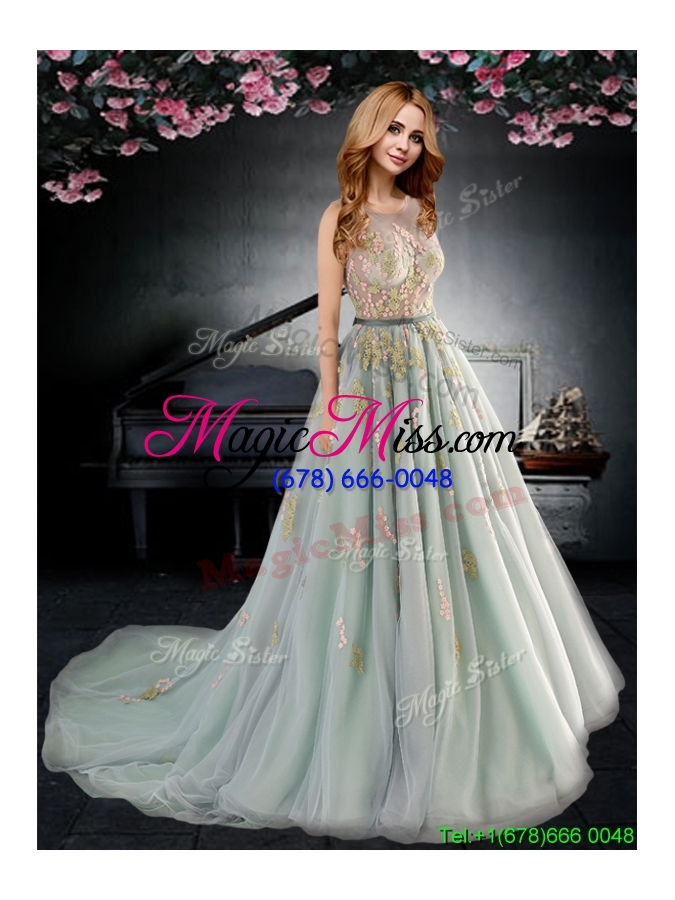 wholesale pretty see through scoop applique and bowknot prom dress in tulle