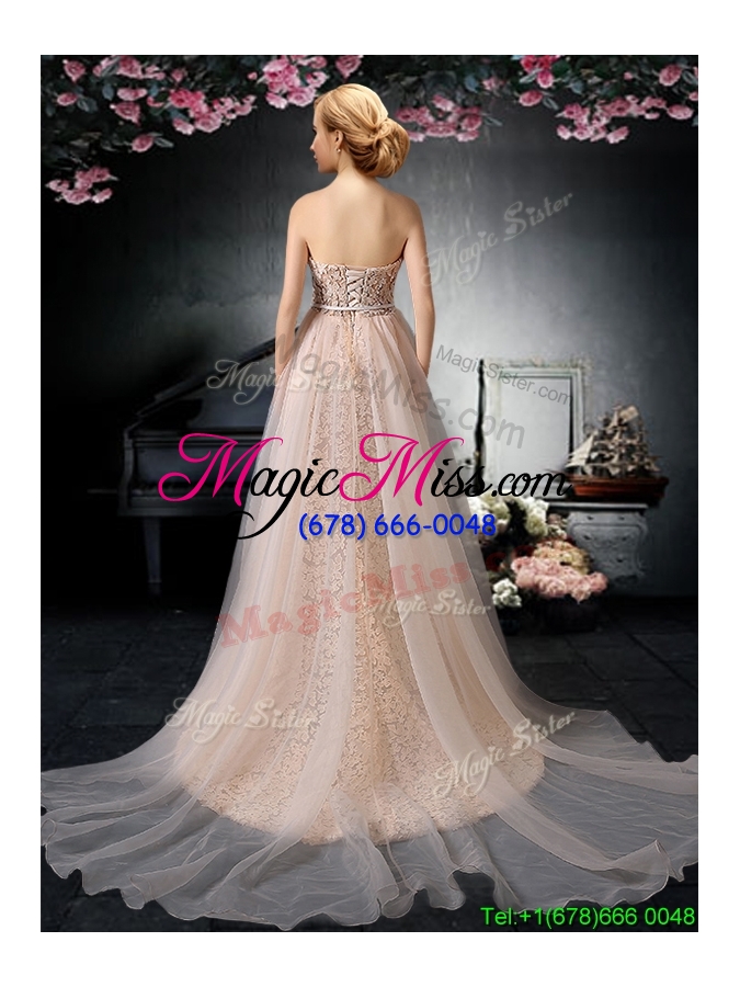 wholesale classical column strapless peach prom dress in tulle and lace