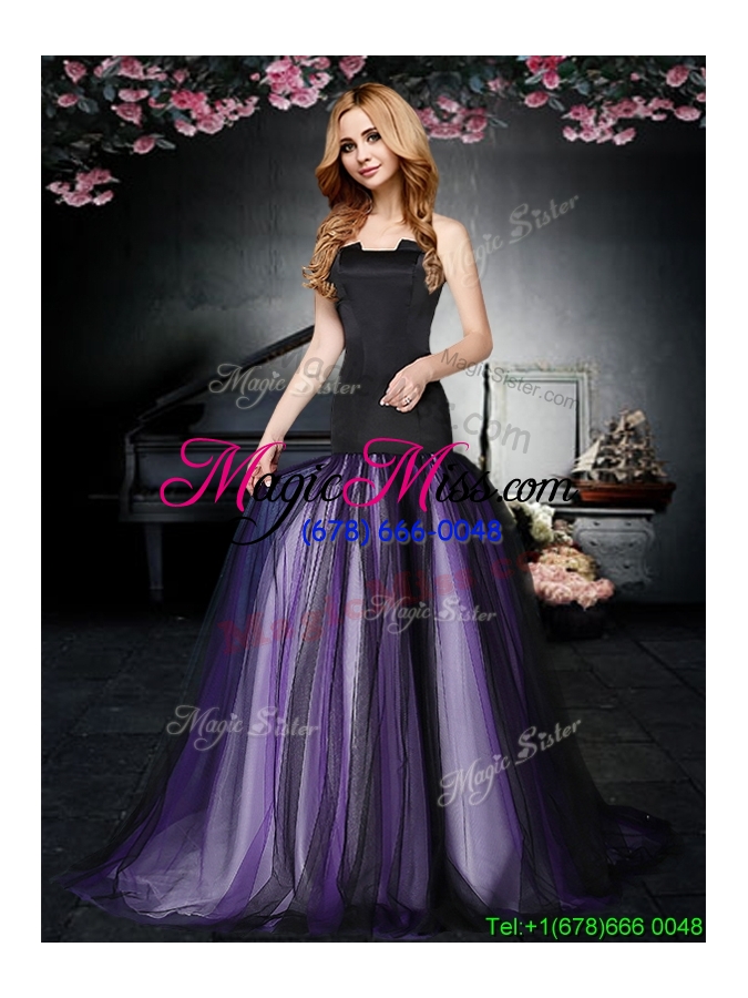 wholesale popular strapless purple and black prom dress with brush train