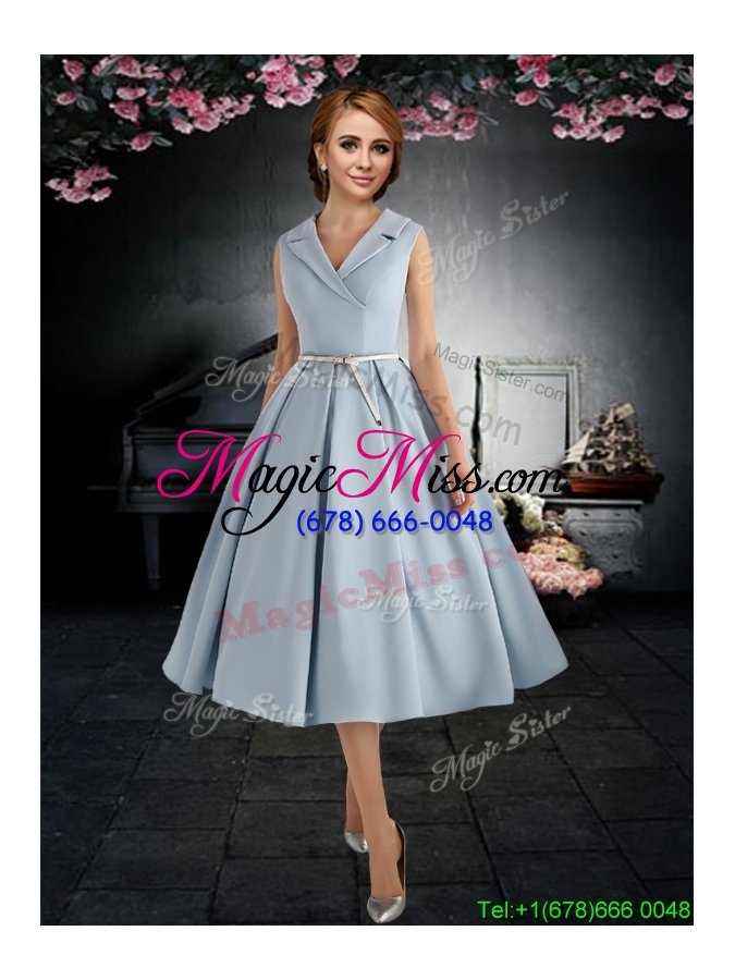 wholesale new style a line v neck light blue prom dress with belt