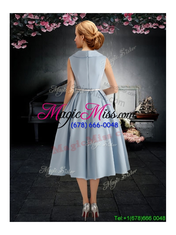 wholesale new style a line v neck light blue prom dress with belt