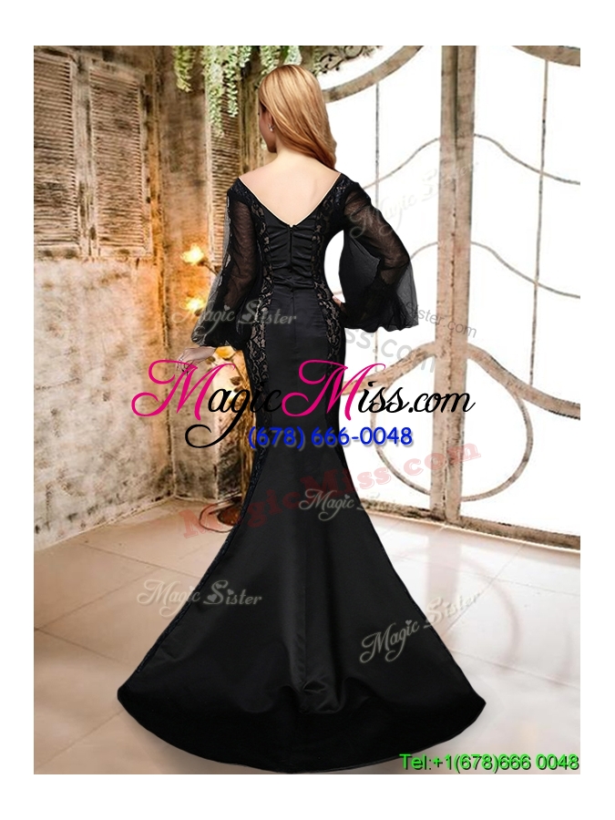 wholesale mermaid deep v neckline long sleeves black prom dress in satin and lace