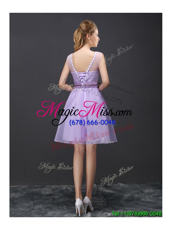 wholesale luxurious see through laced and belted prom dress with appliques