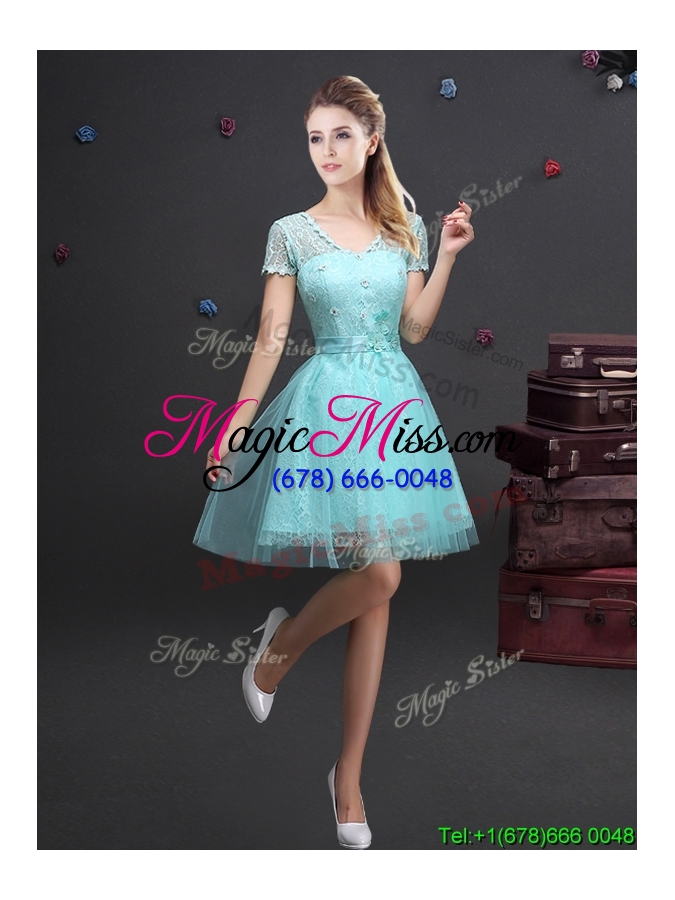 wholesale latest v neck laced and applique prom dress in aquamarine