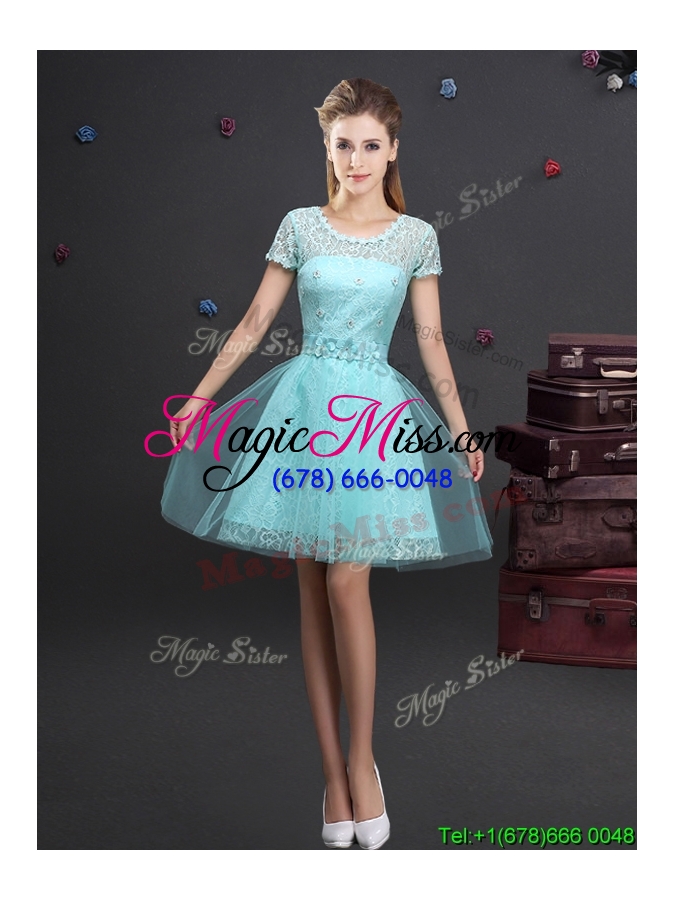 wholesale 2017 new style see through scoop laced prom dress with short sleeves