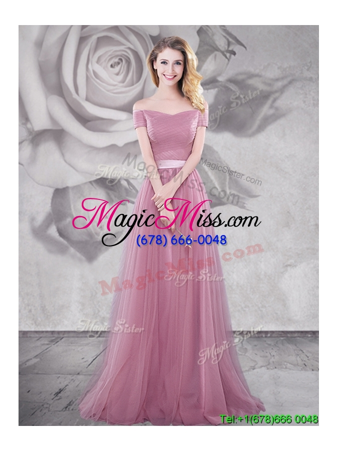 wholesale 2017 popular brush train off the shoulder prom dress in pink