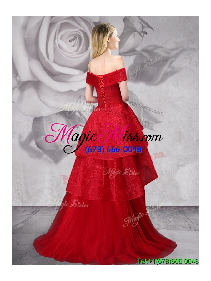 wholesale 2017 beautiful a line brush train red prom dress with off the shoulder
