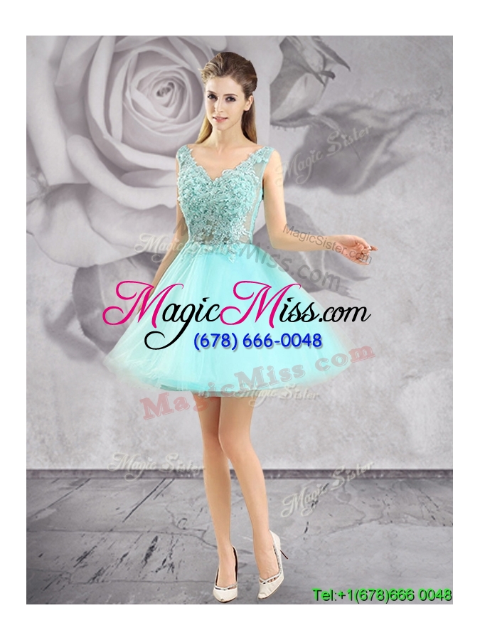 wholesale best v neck apple green short prom dress with appliques