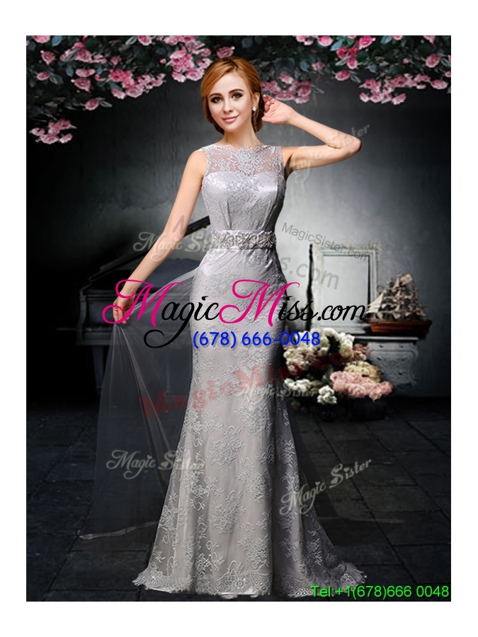 wholesale 2017 lovely belted and laced backless grey prom dress with watteau train
