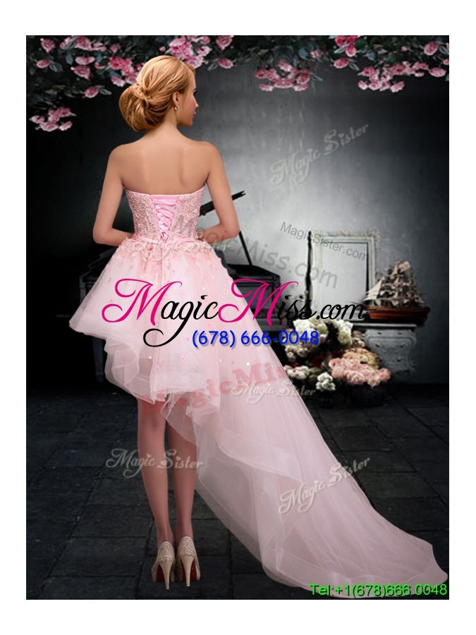 wholesale latest lace up applique baby pink prom dress in asymmetrical