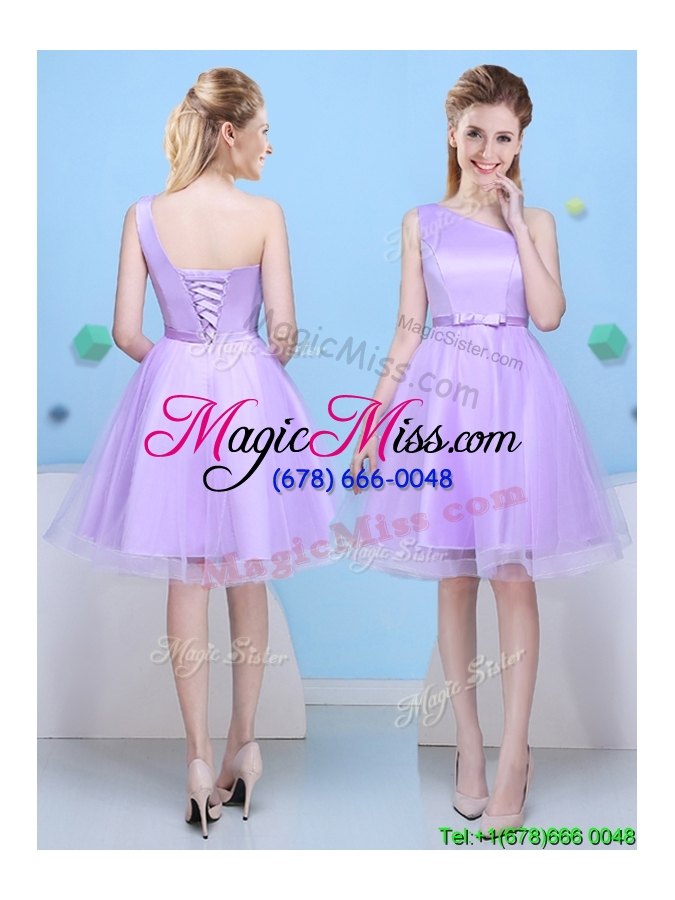 wholesale popular bowknot lavender tulle short bridesmaid dress with lace up
