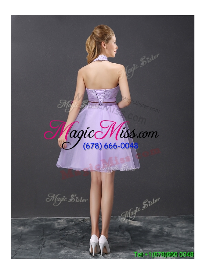 wholesale new see through halter top belted and laced lavender prom dress