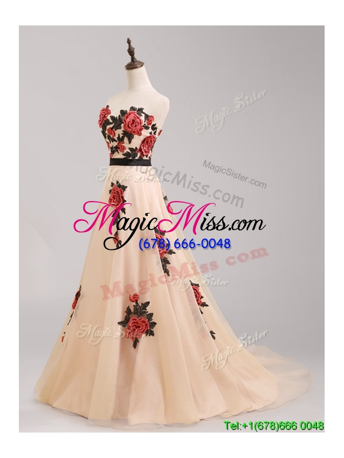wholesale beautiful hand made flowers and belted prom dress with brush train