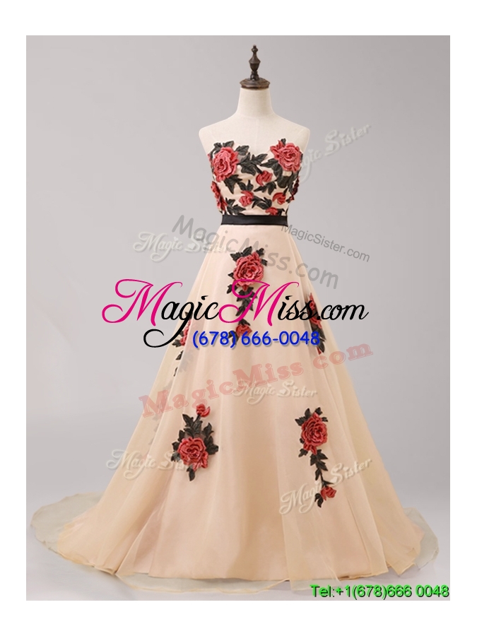 wholesale beautiful hand made flowers and belted prom dress with brush train